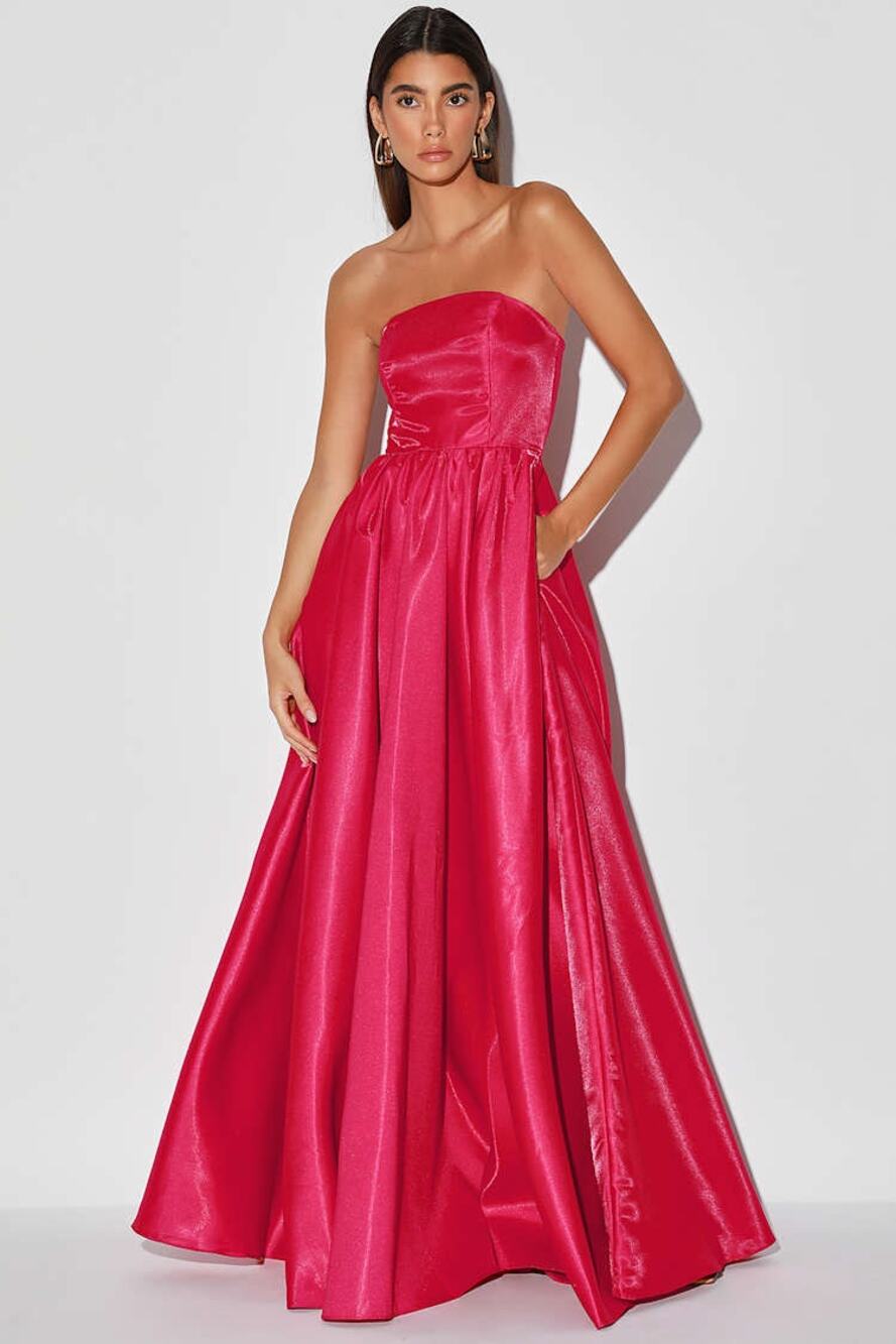 Lulus Revel in the Magic Berry Red Strapless Maxi Dress With Pockets Size Small